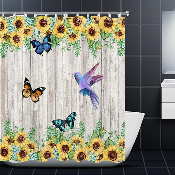 East Urban Home Osmanu Sunflower Shower Curtain, Floral With Butterfly